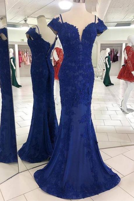 Mermaid Lace Royal Blue Prom Dress With Train