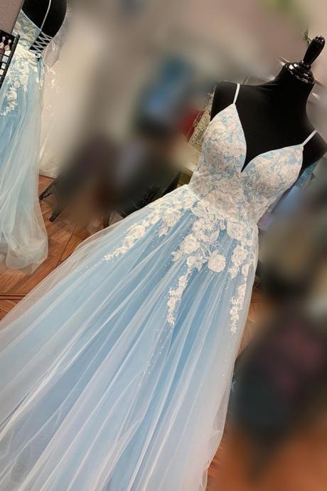 Blue V Neck Backless Lace Prom Dresses, Open Back Lace Formal Evening Dresses