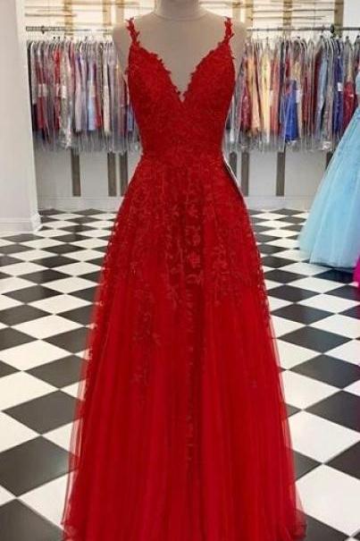 V-neck A-line Prom Dress Long With Appliques And Beading