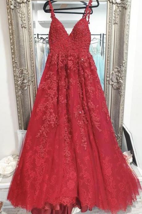 Fashion V Neck Straps Tulle Long Prom Dress With Appliques, Formal Dresses