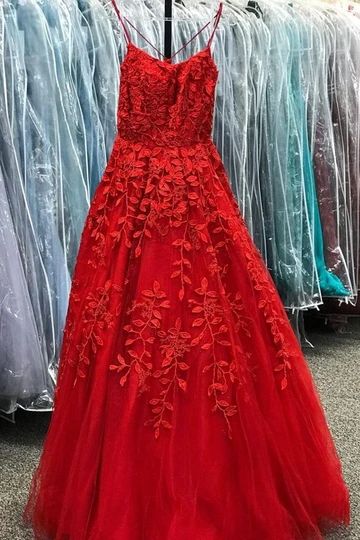 A-line Red Lace Appliques Long Prom Dress Formal Dress