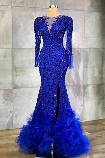 Arabic Aso Ebi Royal Blue Evening Dresses Luxurious Beaded Crystals Long Sleeve Sheer Neck Mermaid Style Plus Prom Dresses