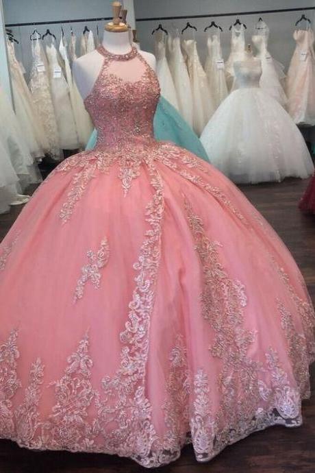 Pink Halter Ball Gown Dress, Lace Prom Dress