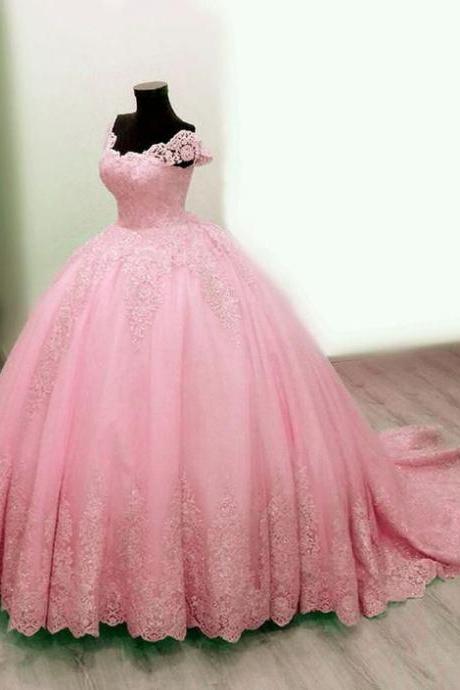 Elegant Pink Prom Dresses Off The Shoulder Ball Gown Lace Appliques