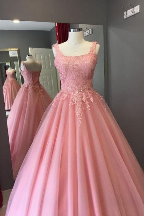 A-line Pink Tulle And Lace Appliques Long Prom Dress