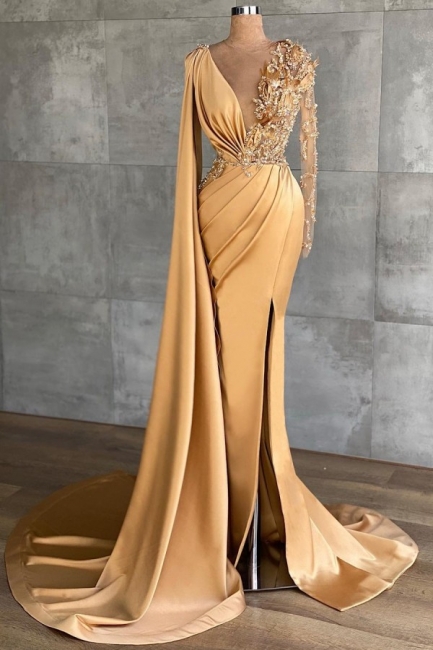 Gold Long Glitter Prom Dresses | Evening Dresses With Sleeves