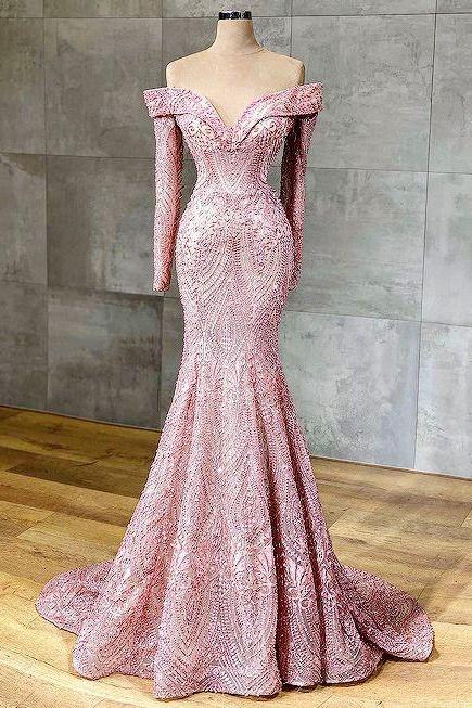 Modest Evening Dresses Long Sleeve Pink Luxury Beaded Applique Elegant Mermaid Formal Party Dresses