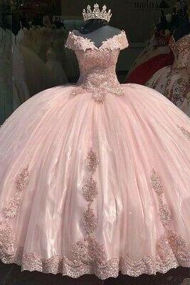 Modest Ball Gown Pink Quinceanera Dresses Off Shoulder Appliques Sweet 16 Party Dress