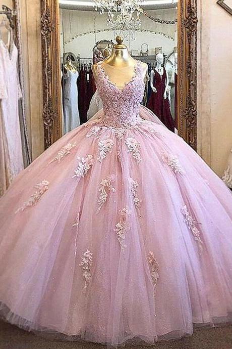 Pink Lace Quinceanera Dresses Sleeveless Sweet 16 Floral Applique Prom Ball Gown