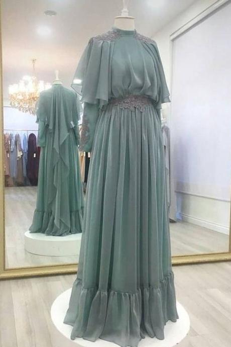 Long Sleeves Cape Muslim Fashion Prom Dresses