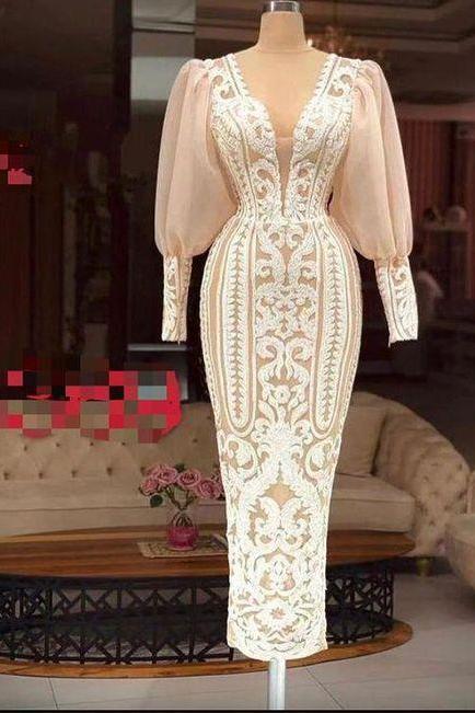 Plus Size Arabic Aso Ebi Lace Sexy Vintage Prom Dresses Deep V-neck Long Sleeves Ankle Length Evening Formal Party Gown