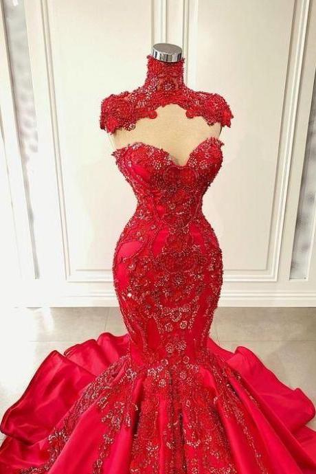 Luxurious Red Mermaid Prom Dress,strapless Sleeveless Lace Court Train Gowns