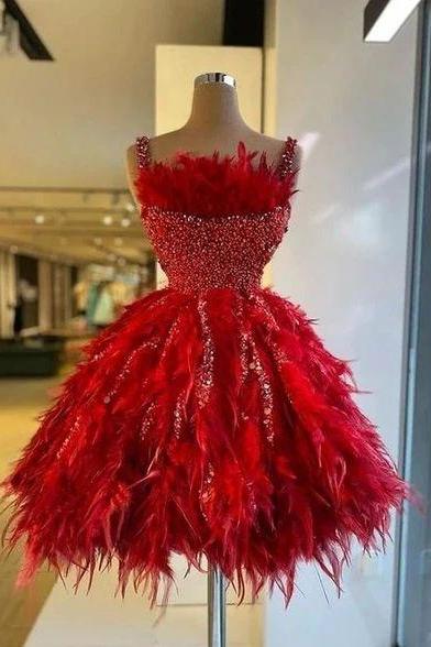 Red Fashion Cocktail Dresses With Feathers Beading Sequined Spaghetti Straps Short Luxurious Homecoming Dress