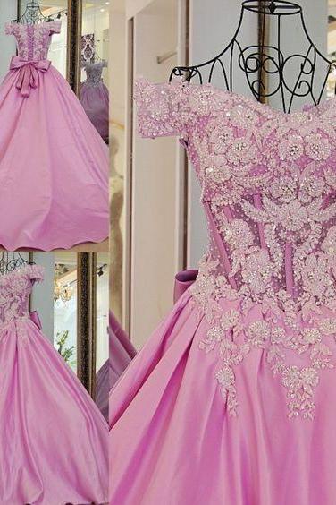 Women Ball Gown Evening Dresses Long Appliques Beaded Satin Formal Gowns