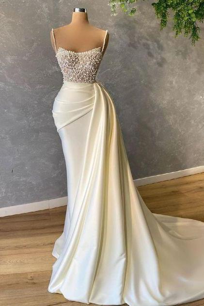 Women Ivory Evening Dresses Long Satin Beaded Formal Gowns