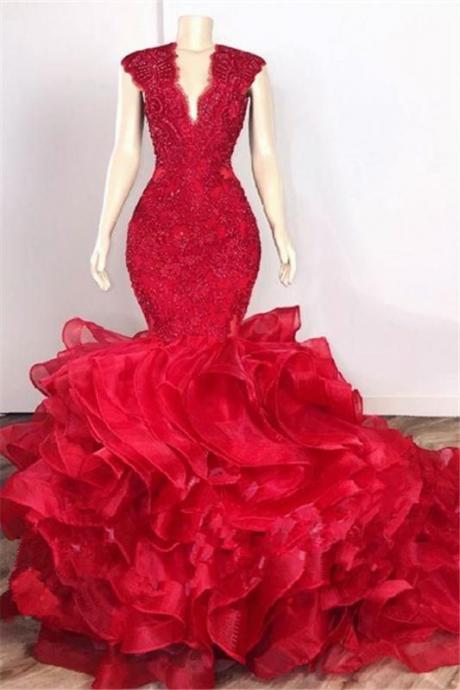 Glamorous Beads Appliques Red Black Girl Prom Dresses | Ruffles Mermaid Sexy Evening Gowns