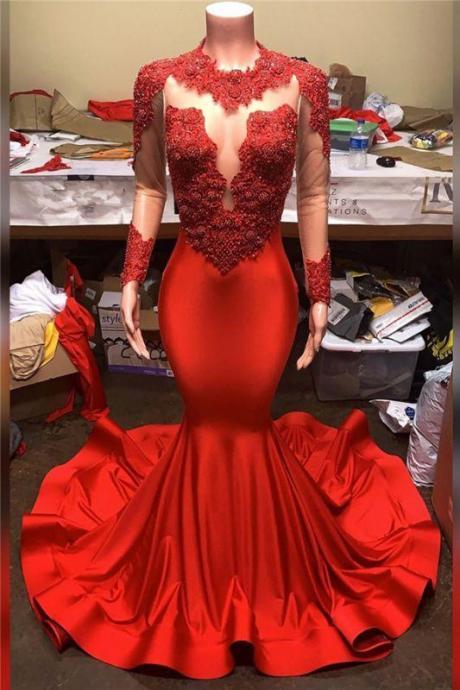 Black Girl Prom Dresses Long Sleeves Mermaid Red Prom Dresses | Sheer Tulle Lace Appliques Evening Dresses