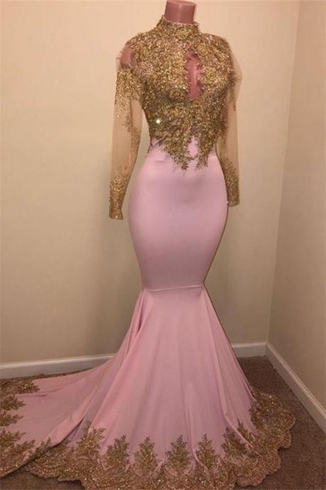 Black Girl Prom Dresses High Neck Gold Appliques Prom Dresses | Mermaid Sheer Tulle Long Sleeve Evening Gowns