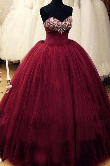 Burgundy Organza Beading Sweetheart Long Prom Dresses
