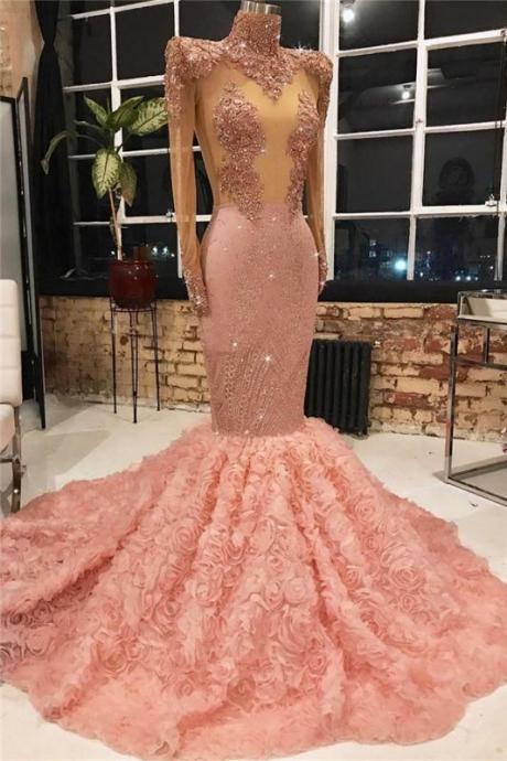 Long Sleeve Long Mermaid Prom Dresses For Juniors Online Lace Appliques Pink Formal Dresses