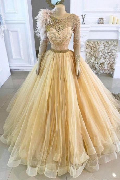Gold Lace Crystals Evening Dresses Long Sleeves Prom Dresses Vintage Formal Party Gowns
