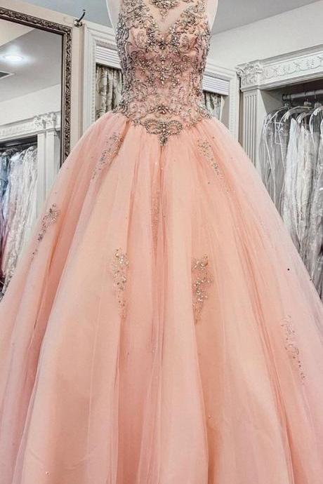 Beautiful Pink Ball Gown Prom Dresses Beading Long Prom Dress