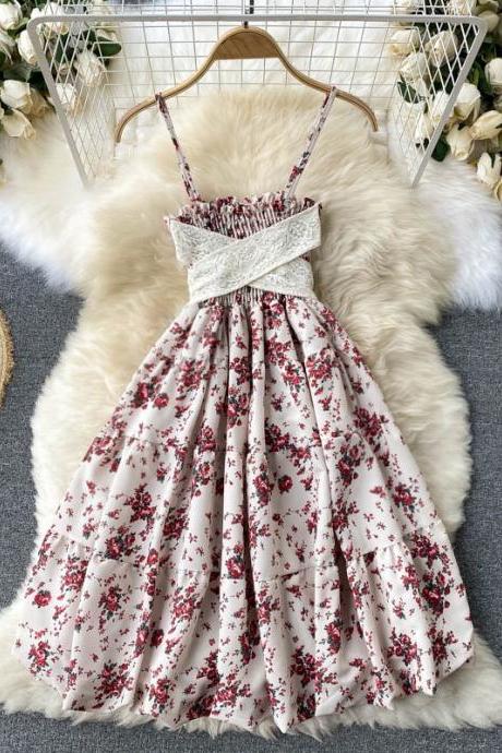 Sweet Floral Dress, Spaghetti Trap Dress With Lace Belt