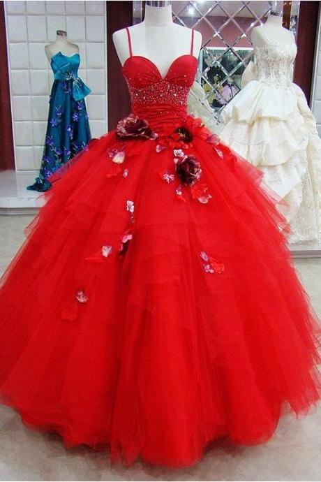 Modest Quinceanera Dress,red Ball Gown,floral Prom Dress,fashion Prom Dress,sexy Party Dress, Style Evening Dress