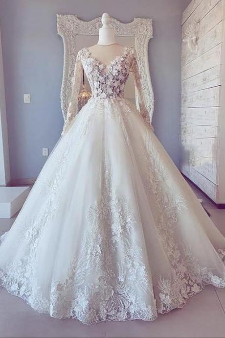 White Lace Long Sleeve Ball Gown Dress Prom Dress