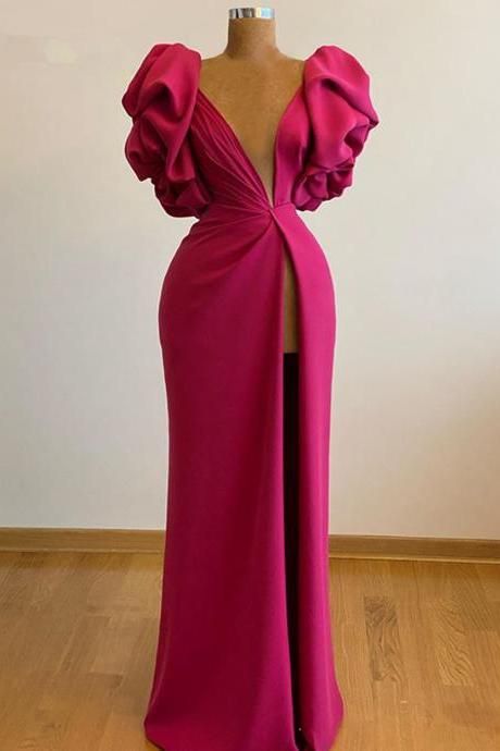 Sexy V Neck Long Fuchsia Prom Dresses With Ruffles Sleeves Split Front Formal Women Party Dress