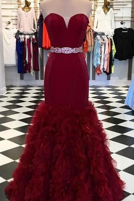 Burgundy Sweetheart Mermaid Long Prom Dress, Burgundy Evening Dress