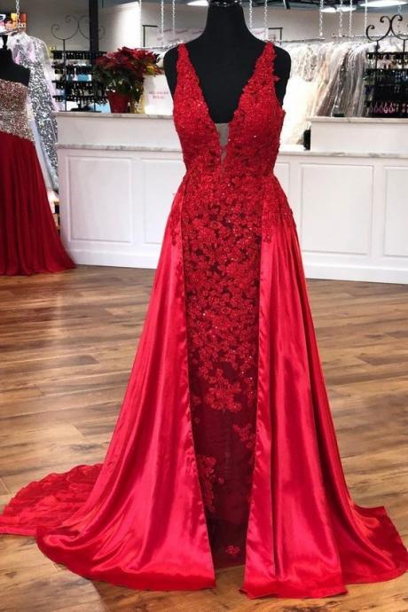 Made-to-order Red Lace Evening Dresses Beaded V-neckline