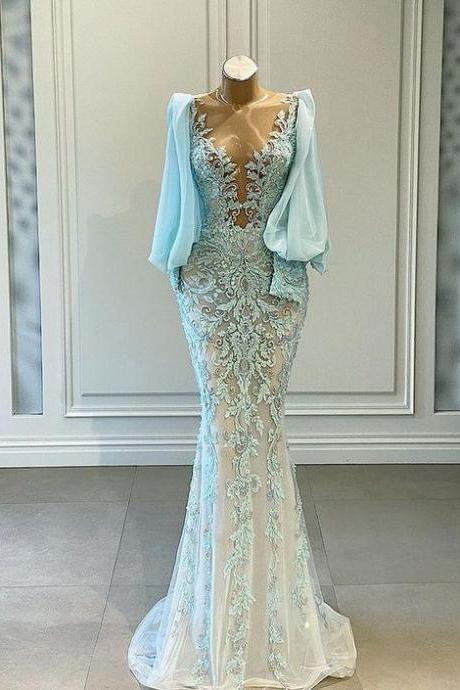 Arabic Aso Ebi Mermaid Lace Beaded Prom Dresses Sheer Neck Long Sleeves Evening Formal Evening Prom Dress