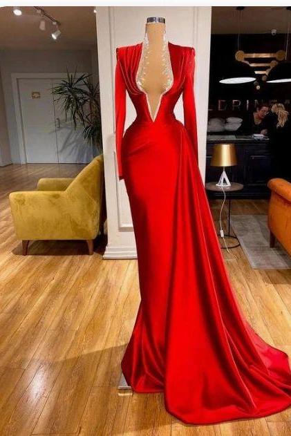 Deep V Neck Simple Satin Long Prom Dress, Chic Prom Dress With Sleeves