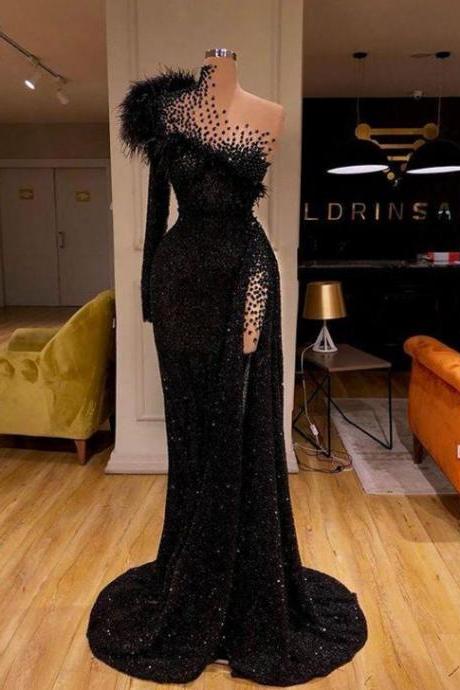 Black Evening Dresses High Neck Side Split Long Sleeve Mermaid Prom Dress Feather Beaded Sexy Special Occasion Gowns
