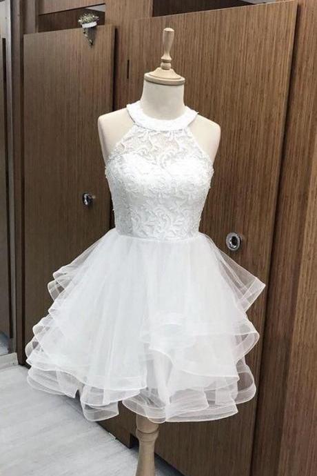 Cute White Homecoming Dresses Organza Ruffles Lace Halter