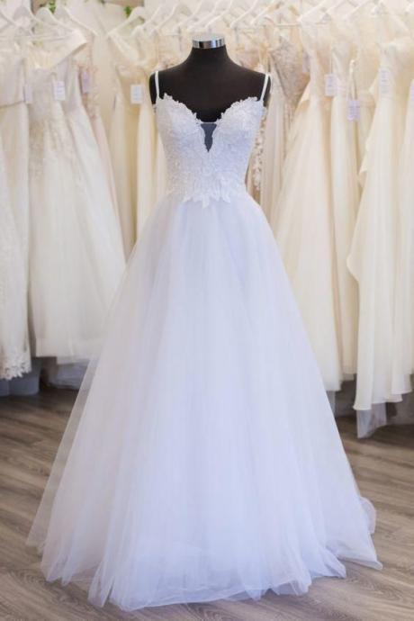 A-line V Neck White Prom Dress , Tulle Prom Dress