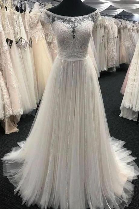 Ivory Tulle Lace Scoop Neck Formal Prom Dress, Bridal Dress With Sleeve Evening Dresses