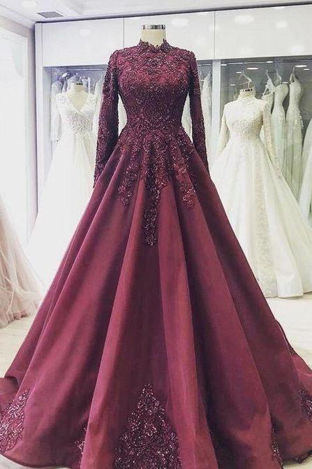 Burgundy Formal Prom Dress, Bridal Dress With Sleeve Evening Dresses