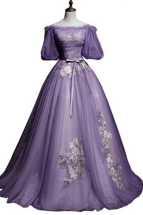 Charming Purple Short Sleeves Tulle Puffy Long Formal Dress, Lovely Evening Dress Party Dress