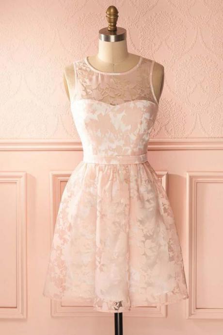 A-line Crew Open Back Short Pearl Pink Lace Homecoming Dress