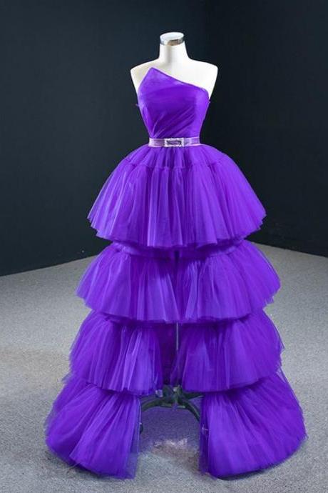 Purple Ball Gown Hi Lo Strapless Pleats Tiers Prom Dress With Belt