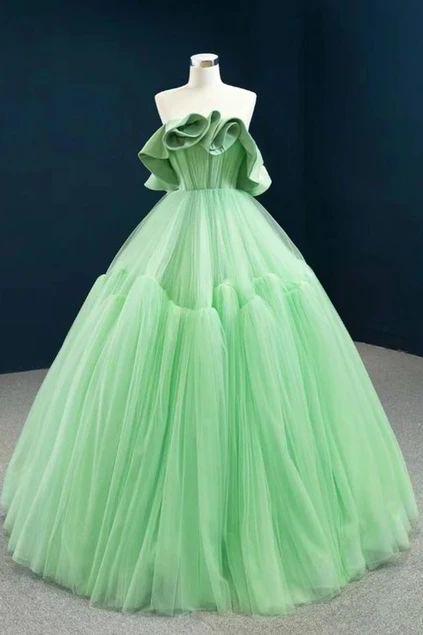 Stylish Green Ball Gown Tulle Strapless Pleats Long Prom Dress