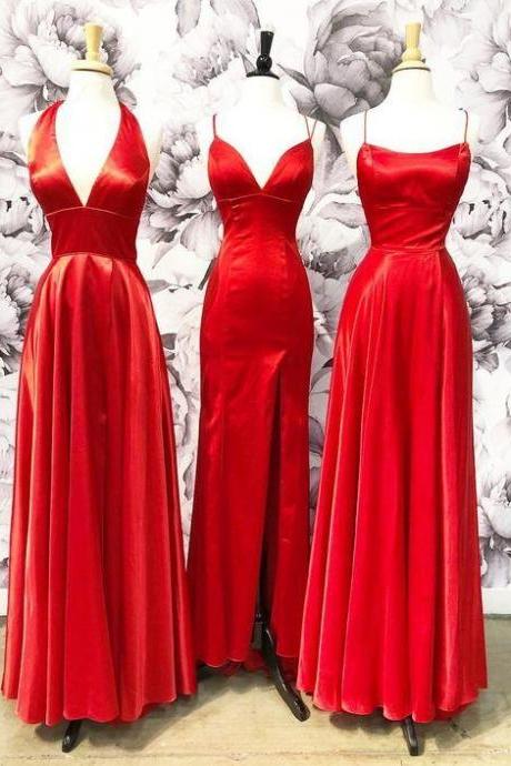 Spaghetti Strap V Neck Red Prom Dresses