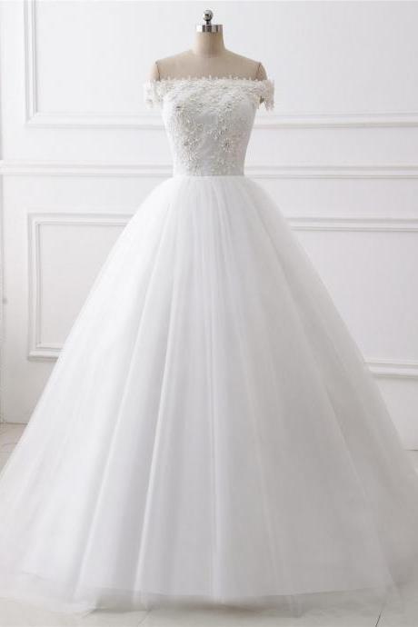 A-line Lace Applique Wedding Dress ,sexy Off Shoulder Neck Wedding Dress , Luxury Simple Sleeveless Wedding Dress