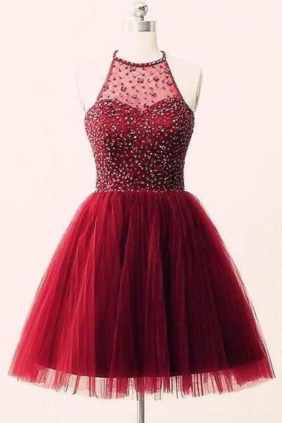 Beautiful Wine Red Halter Tulle Short Prom Dresses, Homecoming Dresses