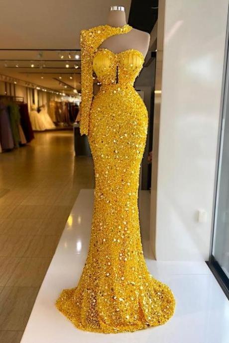 Yellow Sequin Mermaid Long Prom Dress, Sexy Evening Dress