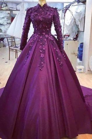 Spark Queen Purple Lomg Prom Ball Dress ,long Sleeve Prom Dress