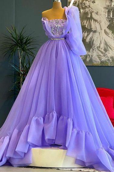 Evening Dresses One Shoulder Long Sleeve Dress Ruffle Tulle Crystal Dress Light Purple Dress Elegant Dresses