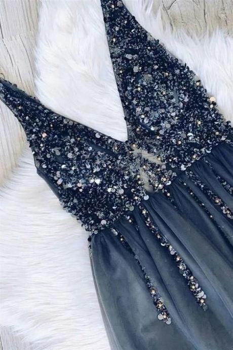 Luxury Beading Long Prom Dresses, Navy Blue Ball Gown